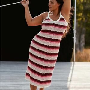 NEW ZARA Midi Crochet Dress Women's S Pink Stripe Limited Edition Blogger Fave